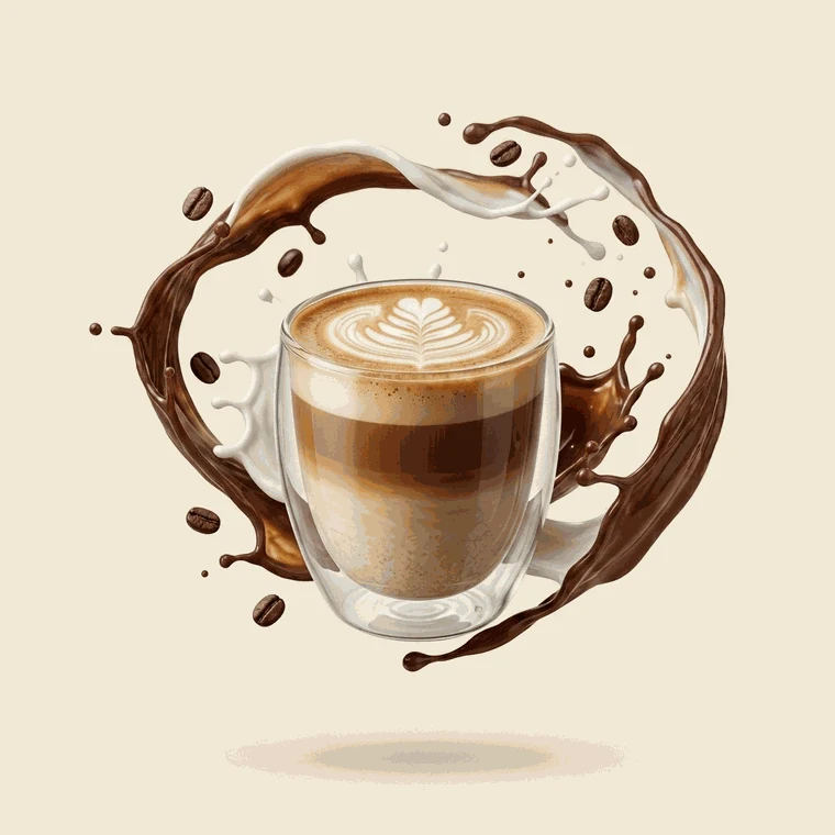 Café latte servi en verre, latte art