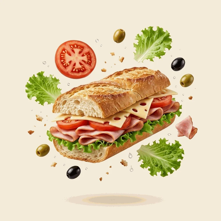 Sandwich baguette garni jambon, salade, tomate et fromage